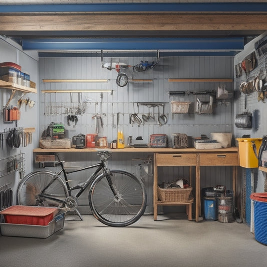 A cluttered small garage with tools and storage bins scattered on the floor, contrasted with a tidy section featuring a wall-mounted pegboard, sliding bins, and a ceiling-mounted bike rack.