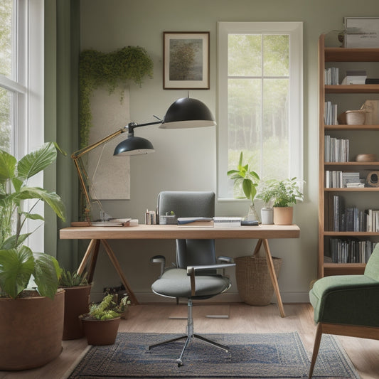 A bright, organized study area with a wooden desk, ergonomic chair, and a floor lamp beside a bookshelf, surrounded by green plants and a inspirational quote written on a whiteboard in the background.