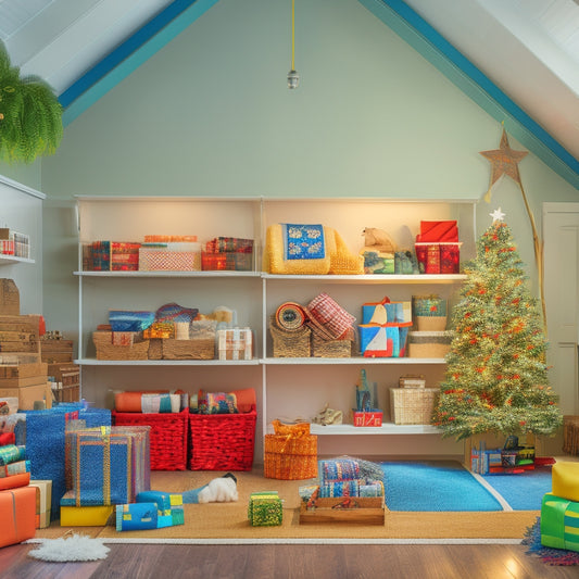 A clutter-free attic with stacked clear storage bins, labeled with colored stickers, surrounded by organized shelves and a few seasonal decorations, like a snowflake-patterned throw blanket and a miniature Christmas tree.