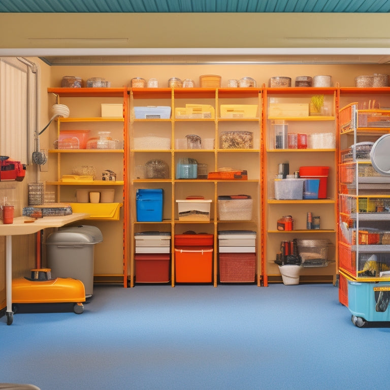An organized garage with a senior-friendly layout, featuring wall-mounted shelves, clear plastic bins, and a hydraulic lift table, set against a warm beige background with soft, natural light.