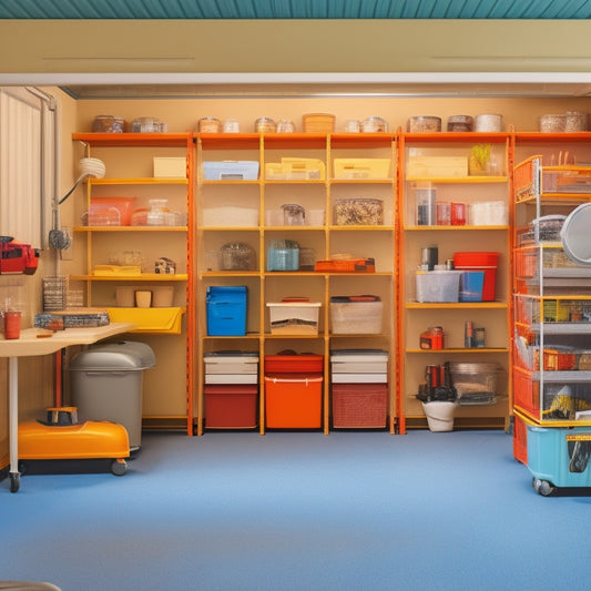 An organized garage with a senior-friendly layout, featuring wall-mounted shelves, clear plastic bins, and a hydraulic lift table, set against a warm beige background with soft, natural light.