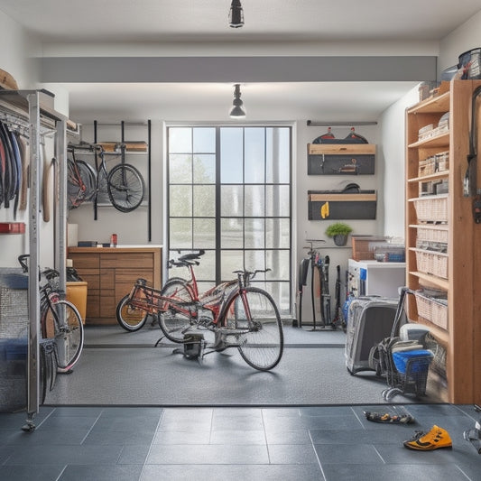 A clutter-free garage interior with a shiny, gray epoxy-coated floor, organized toolboxes, and a few bikes and sports equipment hung neatly on the walls, lit by natural light pouring through a open door.