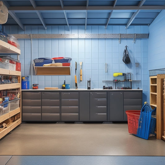 A well-lit, clutter-free garage with a sleek epoxy-coated floor, featuring a pegboard with neatly hung tools, a modular shelving unit, and a few strategically placed bins, baskets, and labels.