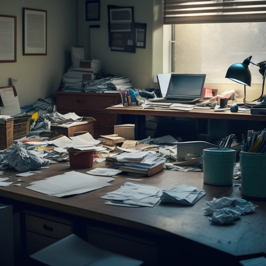 A cluttered desk with piles of crumpled papers, broken pens, and a dusty computer, surrounded by overflowing trash cans and worn-out office chairs, with a faint silhouette of a person overwhelmed in the background.