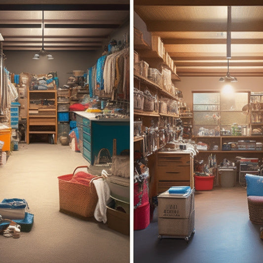 A before-and-after split-screen image: cluttered garage with old furniture, tools, and boxes stacked haphazardly, versus a tidy, organized space with labeled bins, a few well-placed decorations, and a clear walking path.