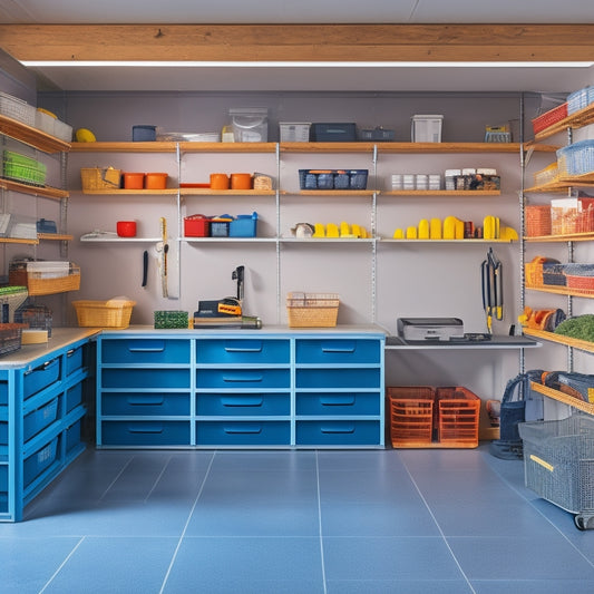 A well-lit, clutter-free garage with a sleek, gray epoxy floor, featuring a wall-mounted pegboard with neatly hung tools, baskets, and bins, alongside a row of sturdy, adjustable shelving units.