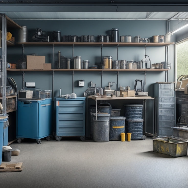 A cluttered garage with scattered tools and equipment, replaced by a sleek, industrial-style shelving unit with sturdy metal frames, holding organized boxes, bins, and heavy machinery, surrounded by a clean, gray concrete floor.