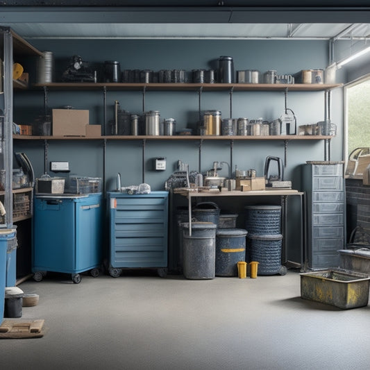 A cluttered garage with scattered tools and equipment, replaced by a sleek, industrial-style shelving unit with sturdy metal frames, holding organized boxes, bins, and heavy machinery, surrounded by a clean, gray concrete floor.