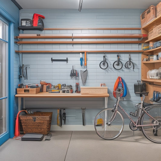 A clutter-free small garage with sleek, wall-mounted shelves and cabinets, a foldable workbench, and a bike lifted on a pulley system, surrounded by well-organized tools and equipment.