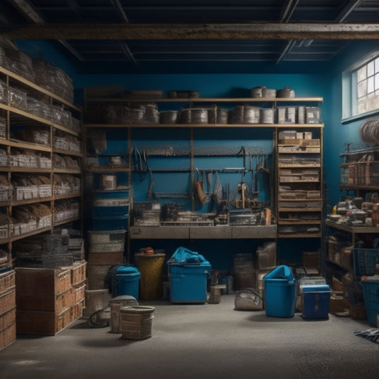 A cluttered garage or warehouse with heavy items scattered on the floor, surrounded by broken or collapsing shelves, transitioning to a organized space with sturdy, industrial shelving units holding heavy machinery, tools, and crates.