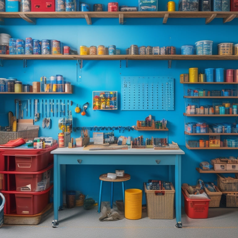 A well-organized garage with a pegboard on the wall, baskets and bins labeled with colorful lids, and a worktable with art supplies like paints, brushes, and canvases neatly arranged.