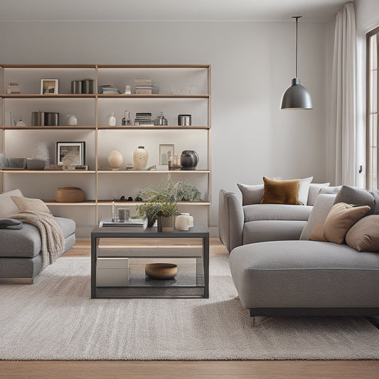 A tidy, modern living room with a sleek, minimalist coffee table featuring hidden storage compartments, surrounded by a plush sectional sofa and floor-to-ceiling shelves with baskets and decorative bins.