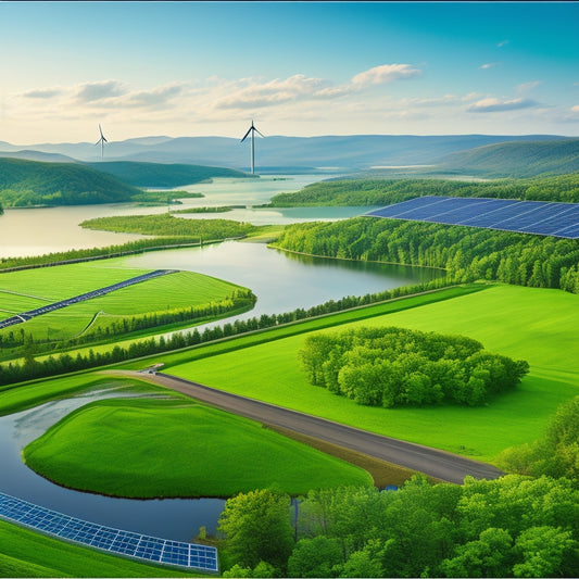 An illustration of a verdant New York State landscape with wind turbines, solar panels, and hydroelectric dams, surrounded by a subtle grid of connected green lines, symbolizing clean energy connectivity.