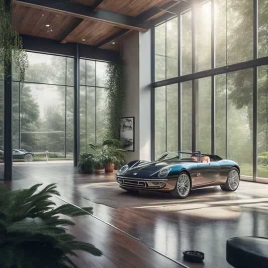 A serene, modern garage loft with polished wooden floors, sleek metallic beams, and floor-to-ceiling windows, surrounded by lush greenery, with a sleek sports car and minimalist furniture.