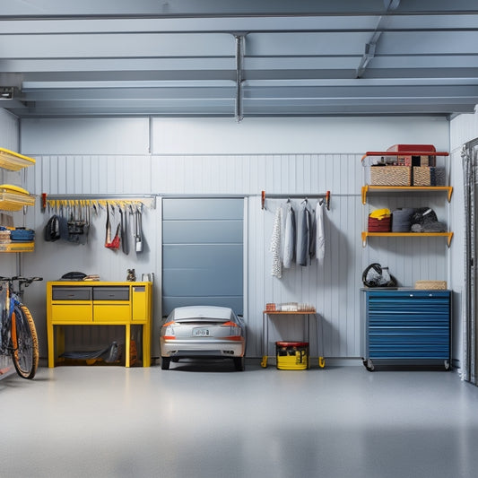 A bright, organized garage with a slatwall featuring hooks, baskets, and bins, a loft storage area above, and a sleek, epoxy-coated floor reflecting a parked car.