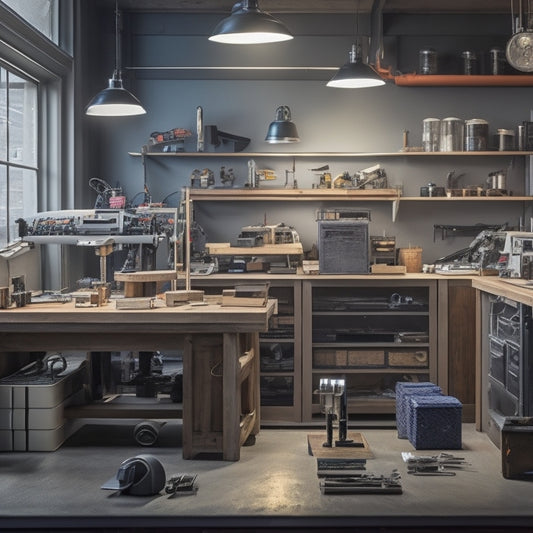 A bustling workshop scene with various stations, featuring a sleek, silver, high-tech 3D printer, a wooden workbench cluttered with tools, and a half-assembled wooden cabinet in the foreground.