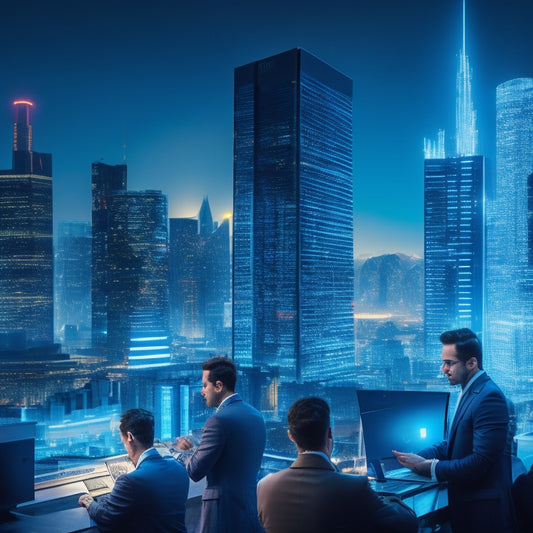 A futuristic cityscape with sleek skyscrapers and neon lights, featuring a prominent city hall building with a glowing blue online payment portal on its facade, surrounded by happy citizens using laptops and smartphones.