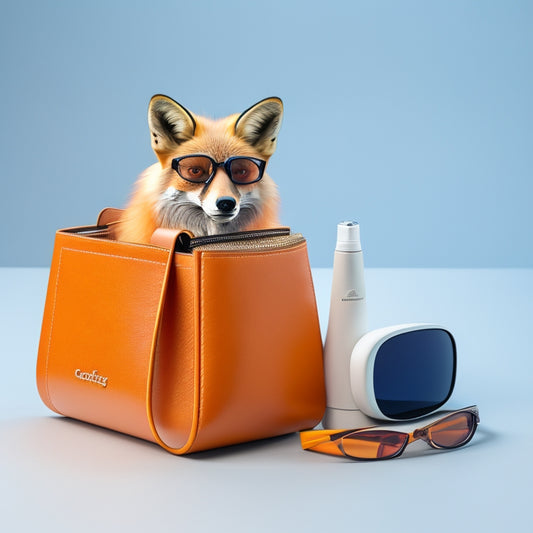 A sleek, modern fox-shaped carry caddy on a clean, white background, with neatly organized compartments and pockets holding various stylish accessories like sunglasses, wallets, and phone.