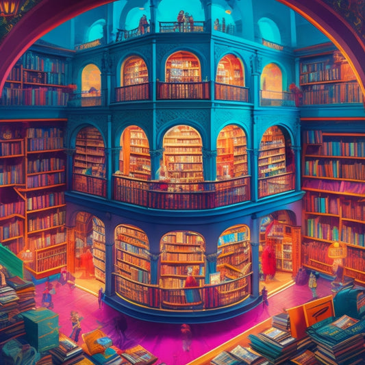 A vibrant, sprawling illustration of a fantastical library, with towering shelves overflowing with colorful books, glowing lanterns, and eclectic learning tools, surrounded by curious, diverse students engaged in various activities.