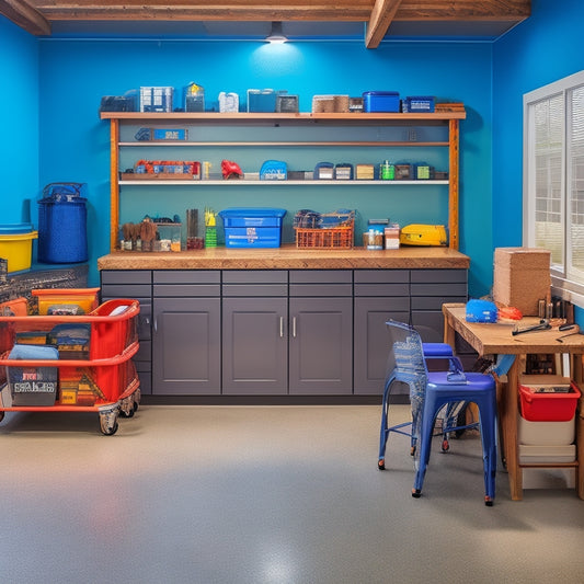 A cluttered garage transformed into a sleek, organized space with epoxy-coated floors, slatwall panels, and a workbench with a vice, surrounded by well-lit, labeled storage bins and a few shiny tools.