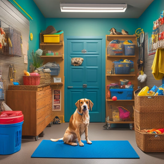 A tidy garage with a dog and cat in the center, surrounded by organized pet supplies, baskets, and bins, with a few pet toys and a leash hanging from hooks on the wall.