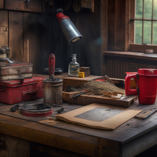 A worn, wooden workbench cluttered with chain saw parts, tools, and a torn, oil-stained manual with a red "10th Edition" tab, surrounded by scattered paper clips and a rusty coffee cup.