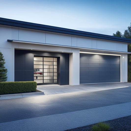A modern, sleek garage with a silver, smart garage door featuring a large window and a minimalist handle, surrounded by a clean, minimalist interior and a few, high-tech gadgets.