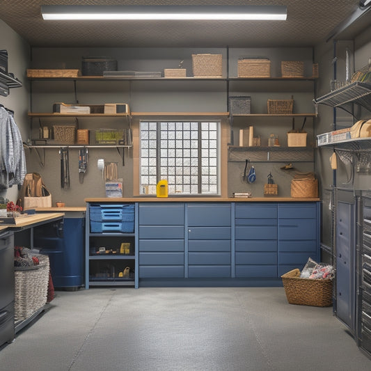 A well-organized garage with a slatwall featuring hooks, bins, and baskets, a sleek workstation with a built-in vice, and a floor-to-ceiling storage system with labeled cabinets and shelves.