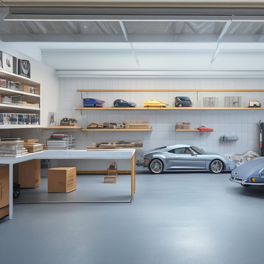 A serene, well-organized garage with a few, neatly arranged boxes on shelves, a tidy workbench, and a sleek, silver sports car parked in the center, surrounded by plenty of empty space.