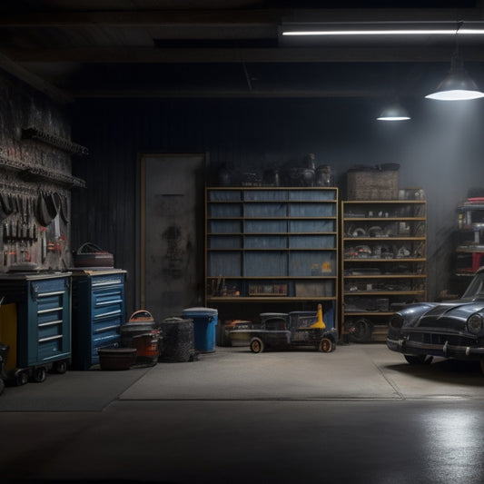 A dimly lit garage with concrete floors, featuring a sturdy, metallic shelving unit with five tiers, supporting stacks of heavy toolboxes, tires, and machinery, with a few scattered tools on the floor.