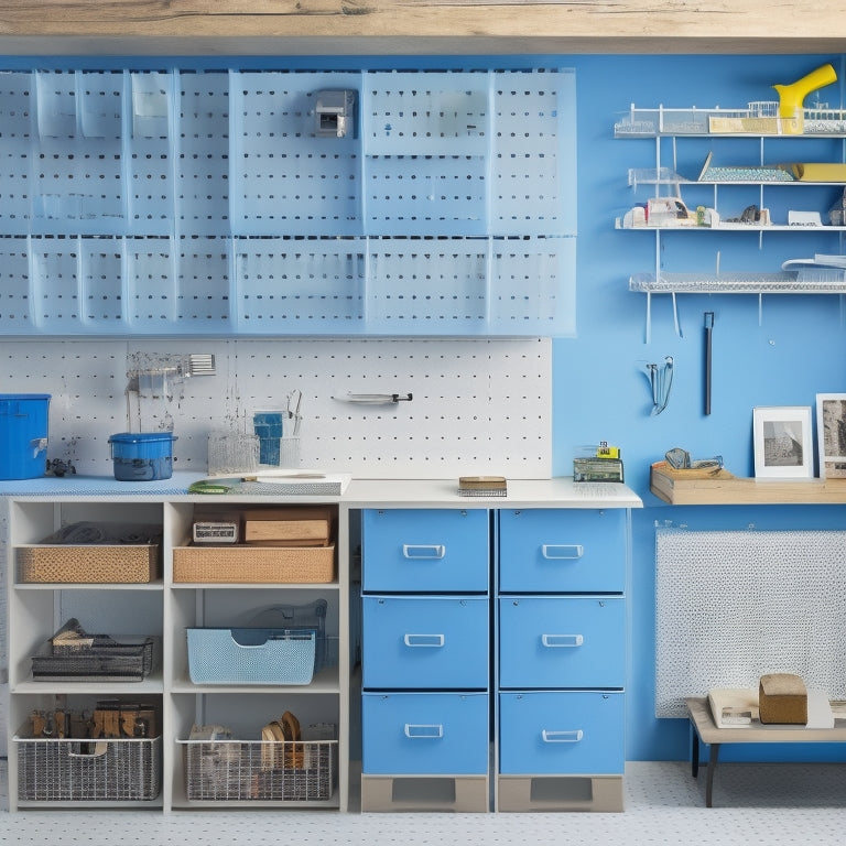 A clutter-free workshop with labeled, translucent storage bins, a pegboard with neatly hung tools, and a sleek, wall-mounted organizer with sliding drawers and a built-in vice.