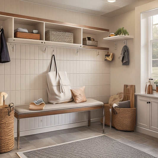 A bright and organized garage mudroom with a Clayton Homes logo on the wall, featuring a sleek bench, hooks, and storage bins, surrounded by warm beige tones and natural light.