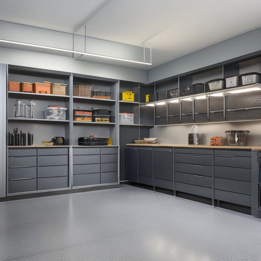 A well-lit, modern garage with sleek, gray epoxy-coated floors, featuring a slatwall with various storage bins, baskets, and hooks, alongside a custom cabinetry system with gleaming chrome handles.