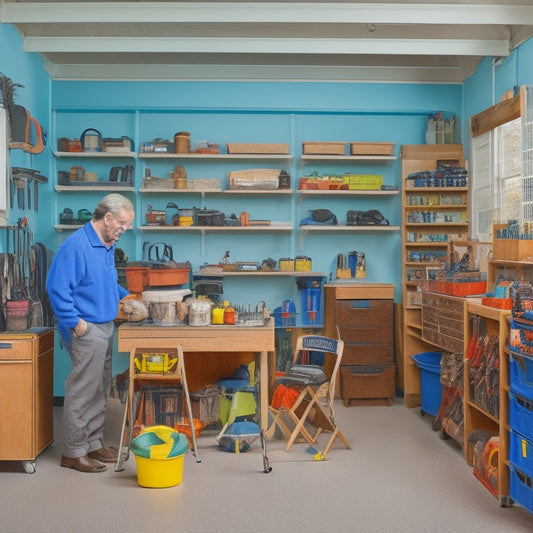A well-organized garage with a senior-friendly workbench, adjustable shelving, and labeled storage bins, featuring a walker and a senior citizen in the background, surrounded by tools and gardening equipment.