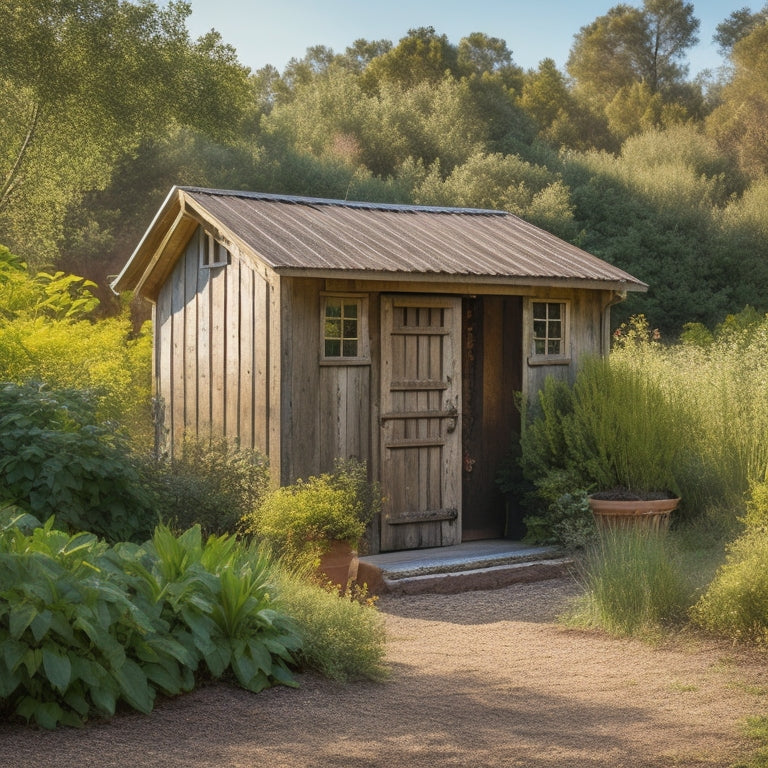 A rustic, weathered steel loafing shed with a sloping roof, surrounded by lush greenery and vines, with a vintage wooden door and old-fashioned metal hardware, set against a warm, sunny rural backdrop.