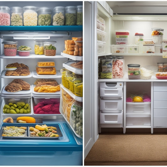 A before-and-after split-screen image: a cluttered freezer with frozen food spilling out, versus a tidy freezer with labeled baskets, stacked containers, and neatly arranged frozen meals.