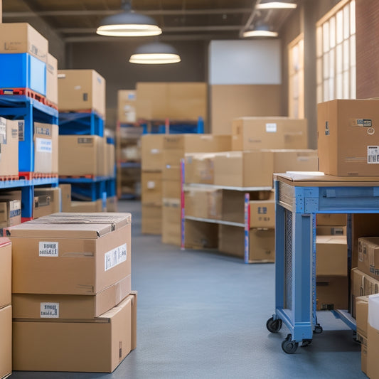 A tidy, well-organized warehouse with neatly stacked boxes labeled with colorful stickers, a laptop and tablet on a nearby desk, and a few eBay-branded shipping boxes in the background.