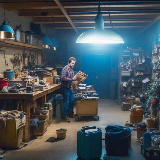 A cluttered garage interior with dim lighting, tools scattered on workbenches, and boxes stacked haphazardly, with a single, frustrated person in the background, arms raised in exasperation.