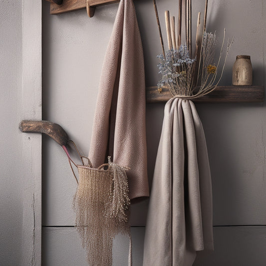 A rustic wooden coat rack adorned with dried flowers, ribbons, and a few strategically placed nails, with a few coats and scarves draped over it, set against a distressed whitewashed wall.