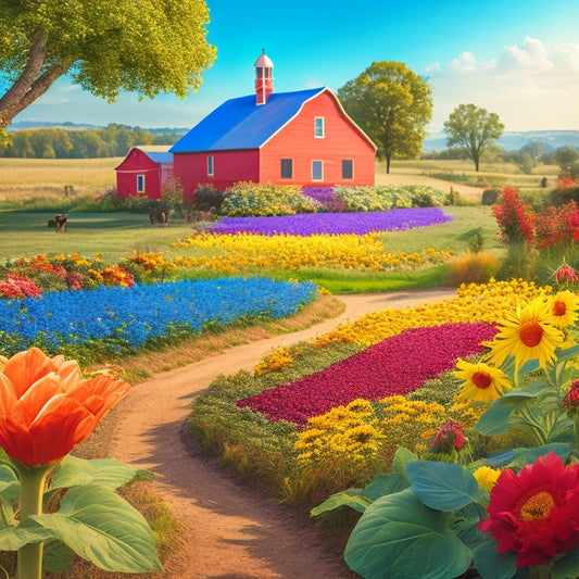 Vibrant illustration of a lush farm with diverse vegetables, sunflowers, and a red barn, surrounded by a garden with a meandering stone path, blooming flowers, and a few butterflies fluttering around.