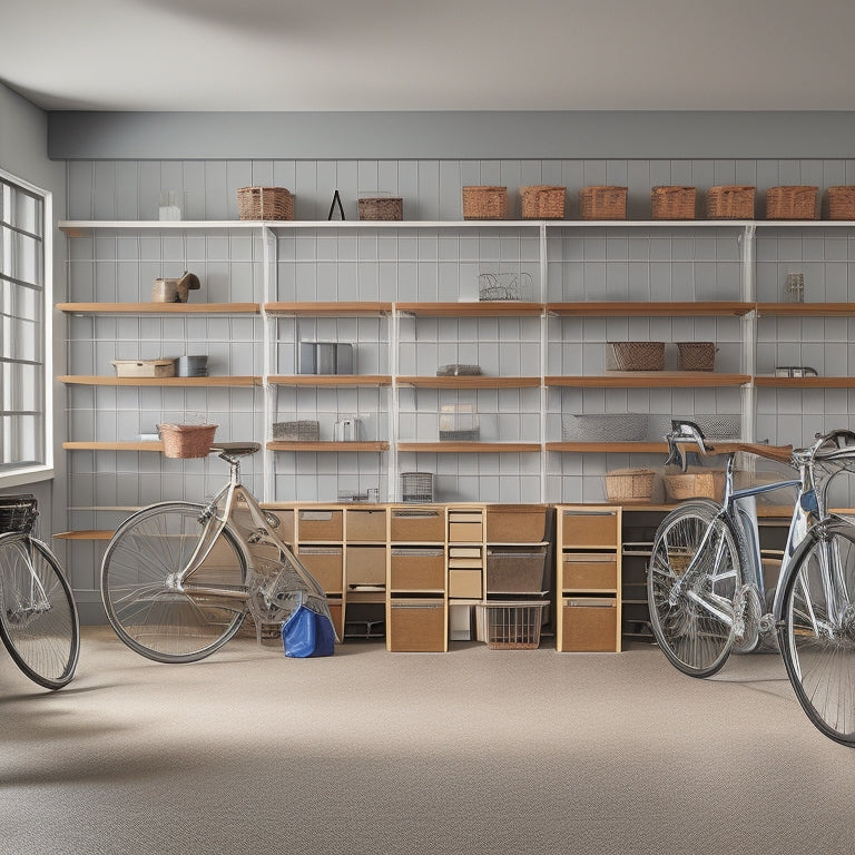 A tidy garage interior with a mix of sleek metal and wooden storage units, bicycles suspended from the ceiling, and a few neatly organized bins and baskets, set against a soft, neutral-colored background.