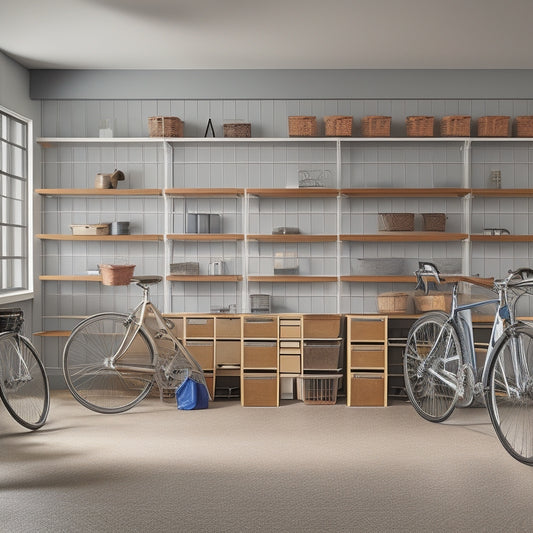 A tidy garage interior with a mix of sleek metal and wooden storage units, bicycles suspended from the ceiling, and a few neatly organized bins and baskets, set against a soft, neutral-colored background.