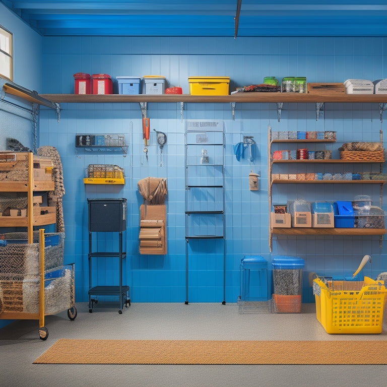 A well-organized garage with a slatwall adorned with hooks, bins, and baskets, a pegboard with hanging tools, and a custom shelving unit with labeled storage containers.