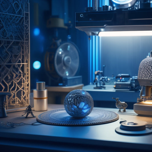 A futuristic workshop scene with sleek machinery, illuminated by soft blue LED lights, surrounded by intricate laser-cut metal and wood designs, with delicate patterns and shapes suspended in mid-air.