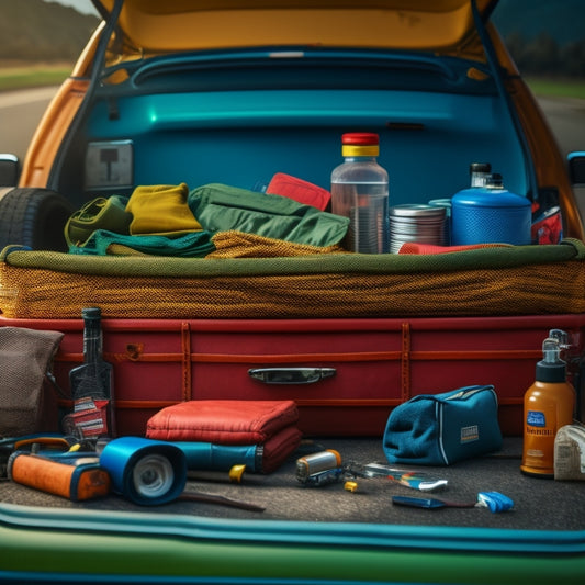 A cluttered trunk overflowing with items, contrasted with a tidy, organized trunk featuring a first-aid kit, jumper cables, and a spare tire, set against a blurred highway background.