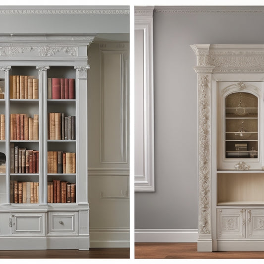 A before-and-after split-screen image: a plain white bookcase on the left, and the same bookcase on the right with ornate crown molding added to the top, painted a soft gray.