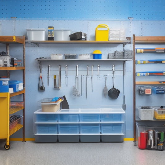 A well-organized garage with a sleek, silver pegboard, hooks holding various tools, and a row of stacked, labeled plastic bins on a wall-mounted shelving unit, surrounded by a polished, epoxy-coated floor.