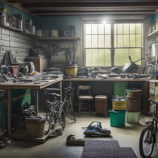 A cluttered garage interior with a workbench buried under tools, open storage bins, and scattered papers, surrounded by dusty bicycles, forgotten luggage, and a lonely, cobweb-covered exercise machine.