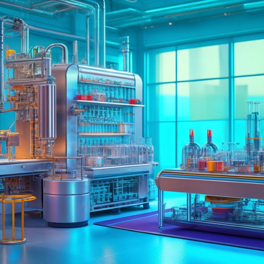 A futuristic laboratory setting with sleek, silver machinery and transparent tubes filled with vibrant paint colors, surrounded by 3D models of transformed, rust-free metal objects.