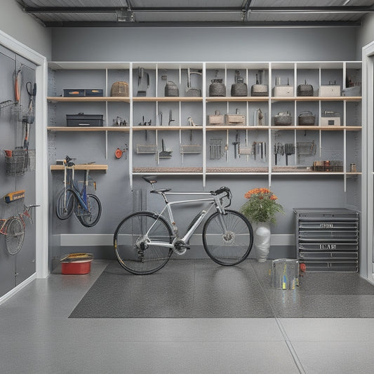 A well-organized garage with sleek, silver cabinets, labeled bins, and a pegboard displaying neatly hung tools, surrounded by a clean, concrete floor and a few strategically placed bicycles.